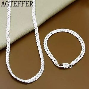 Sterling Silver 2 Piece 5MM Full Sideways Chain Necklace Bracelet For Unisex